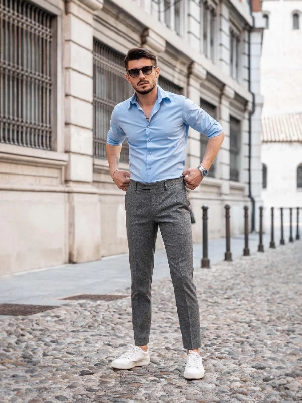 What colour pants go well with a light blue shirt for men? - Quora