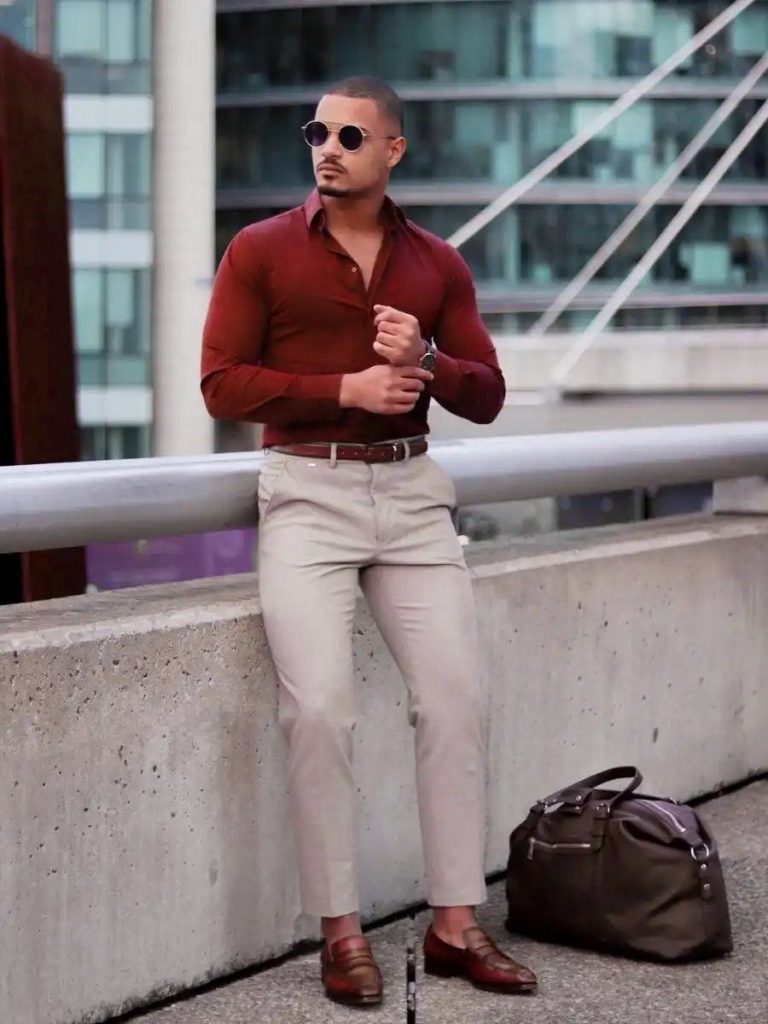 Red shirt and cream pant combination